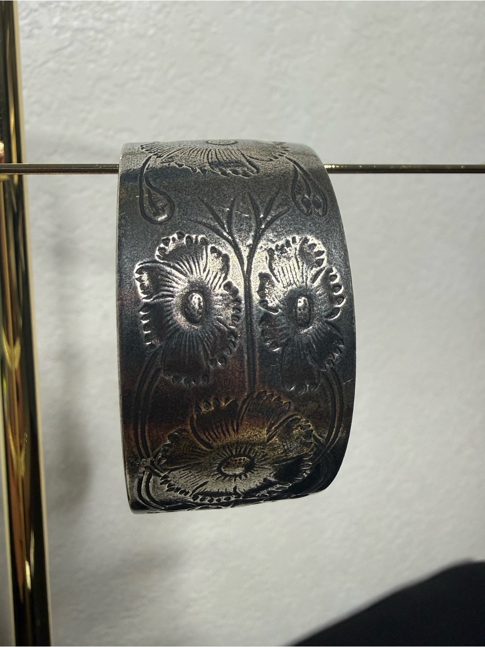 Salisbury Pewter Engraved Floral Pewter Cuff Bracelet Signed "October"
